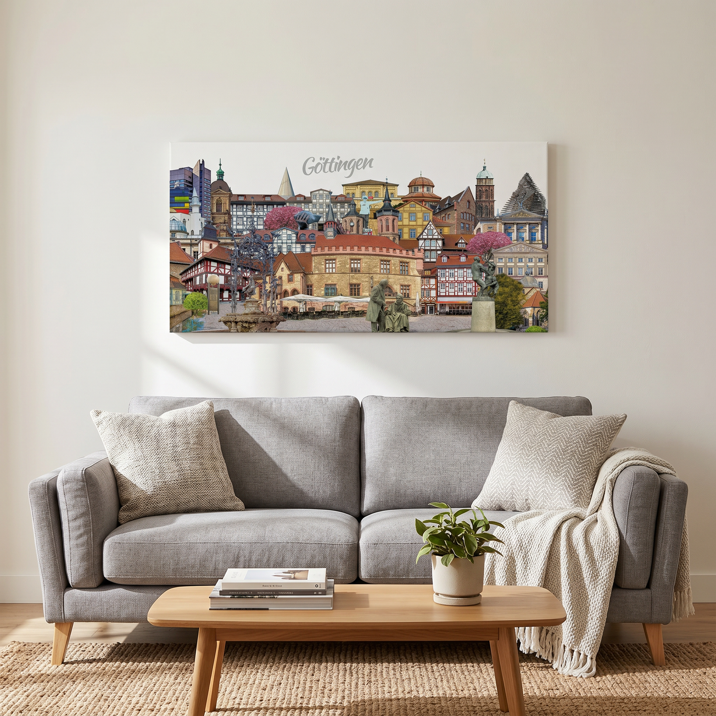 Buntes Wandbild der Stadt Göttingen als Dekoration in einem modernen Wohnzimmer