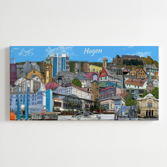 Hagen Leinwand mit bunter Stadt-Collage von Bernd Röttgers