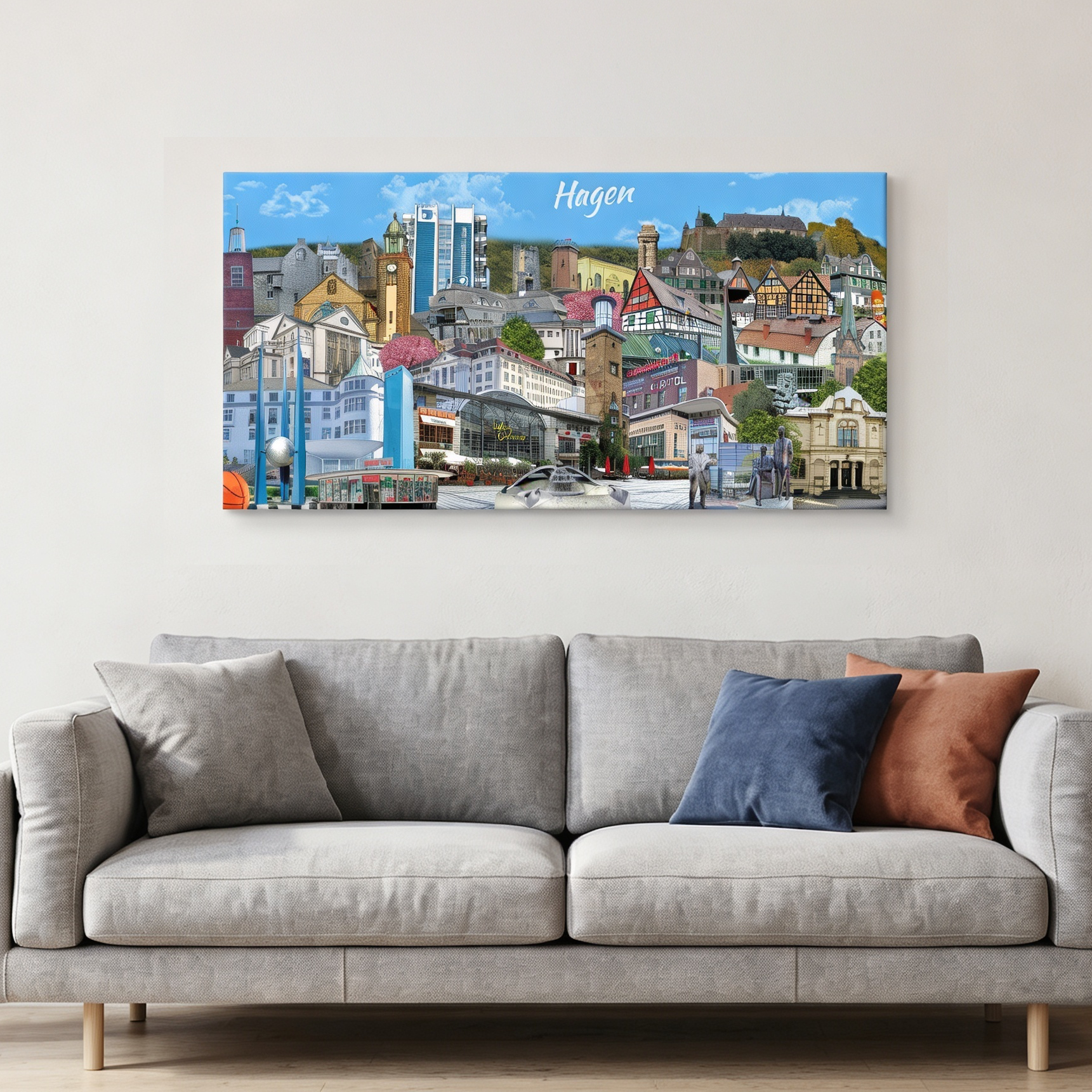 Wandbild Hagen im modernen Wohnzimmer über dem Sofa