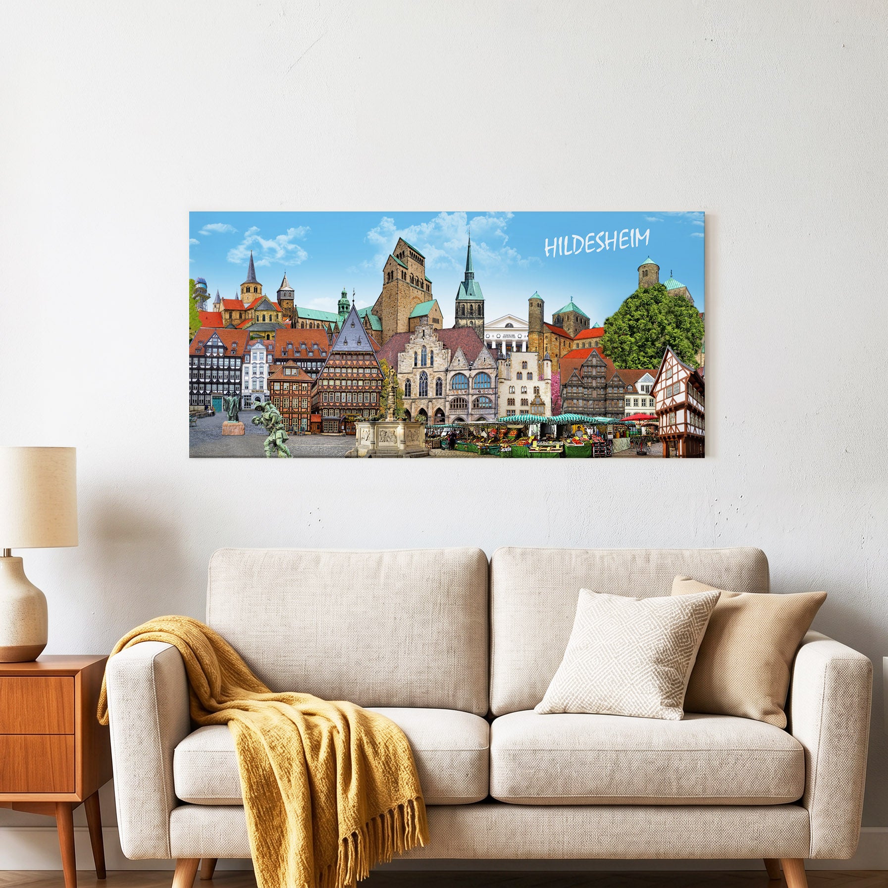 Kunstdruck Hildesheim Skyline als Wanddeko im Wohnzimmer.