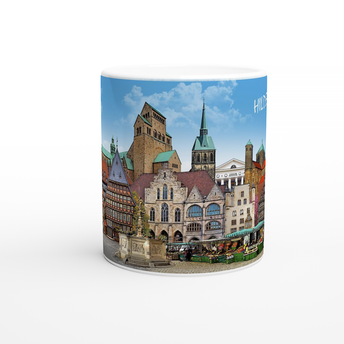 Kaffeebecher mit farbenfroher Hildesheim Collage als Geschenk