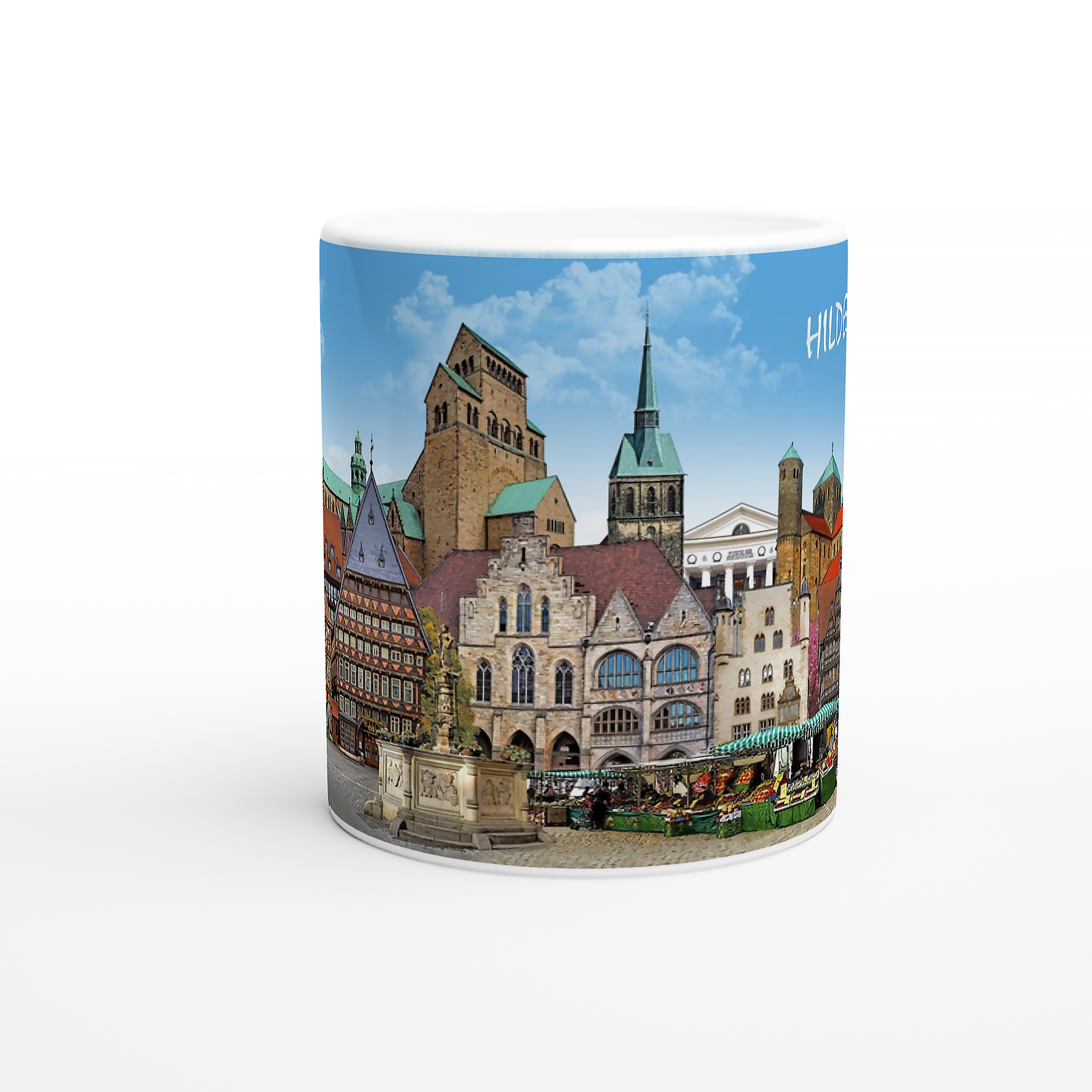 Kaffeebecher mit farbenfroher Hildesheim Collage als Geschenk