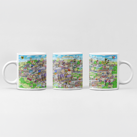 Weiße Aachen Tasse mit buntem Wimmelbild von Jacques Tilly.