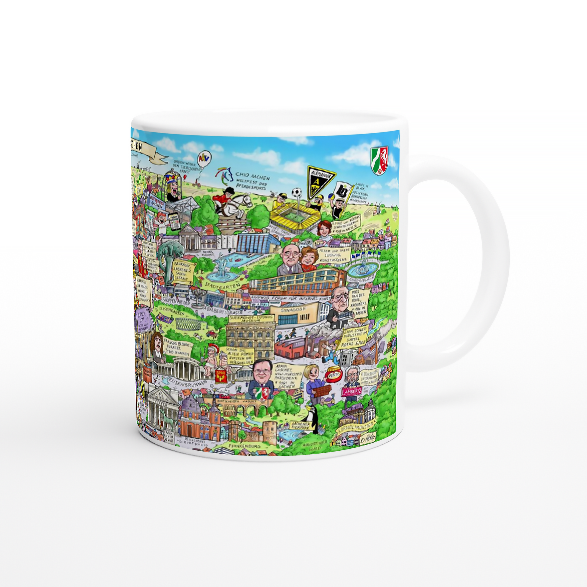 Kaffeetasse mit satirischem Aachen Motiv und RWTH Gebäude.