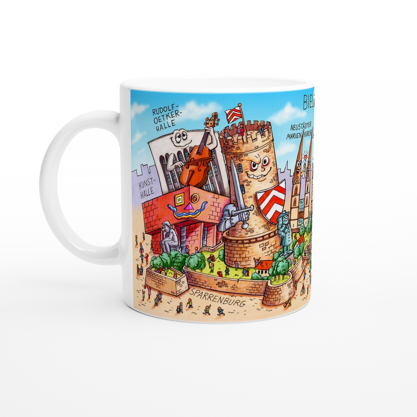 Frontansicht der Bielefeld Tasse mit dem Schriftzug Bielefeld und der Marienkirche.