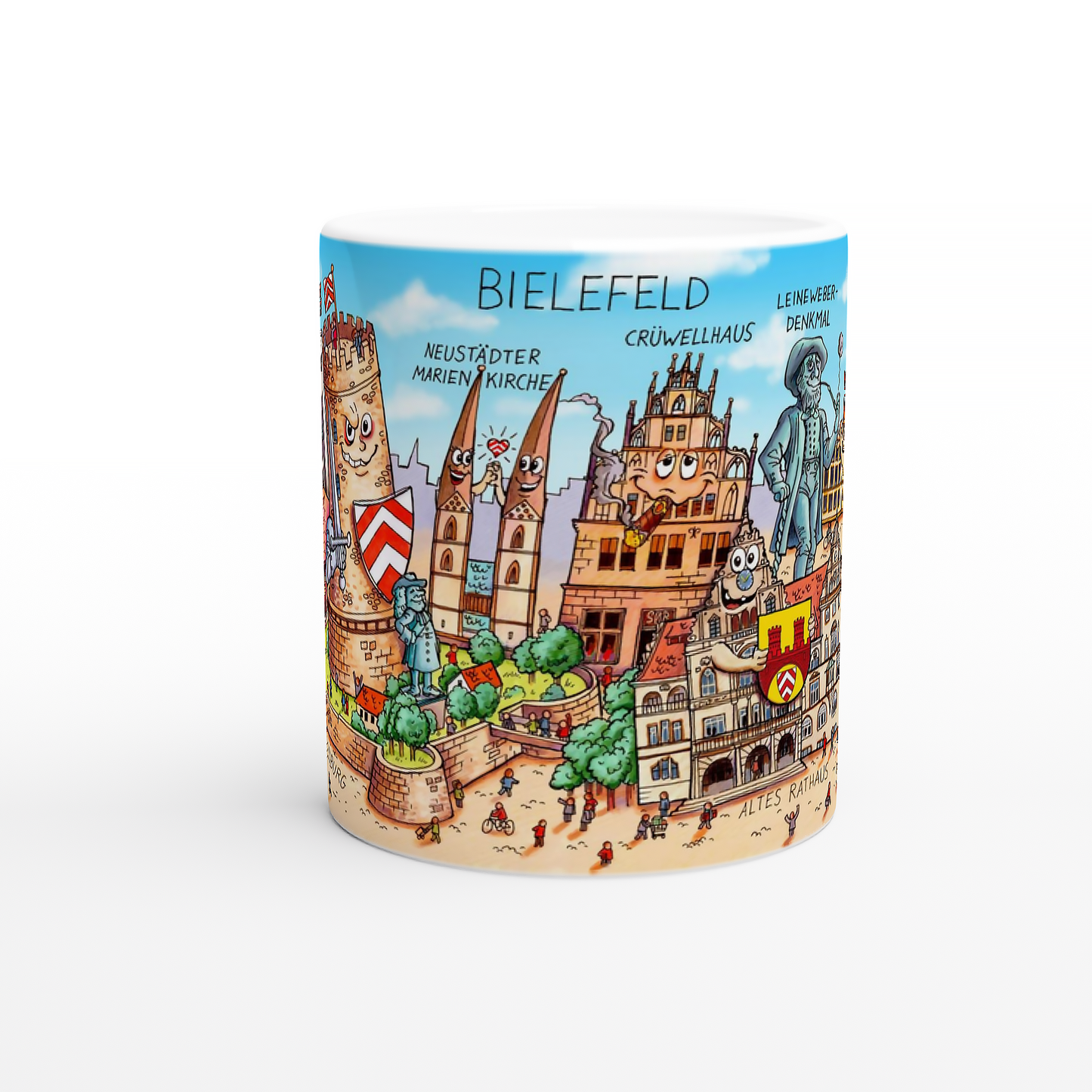 Satirisches Wimmelbild-Motiv von Jacques Tilly auf einer weißen Keramiktasse.
