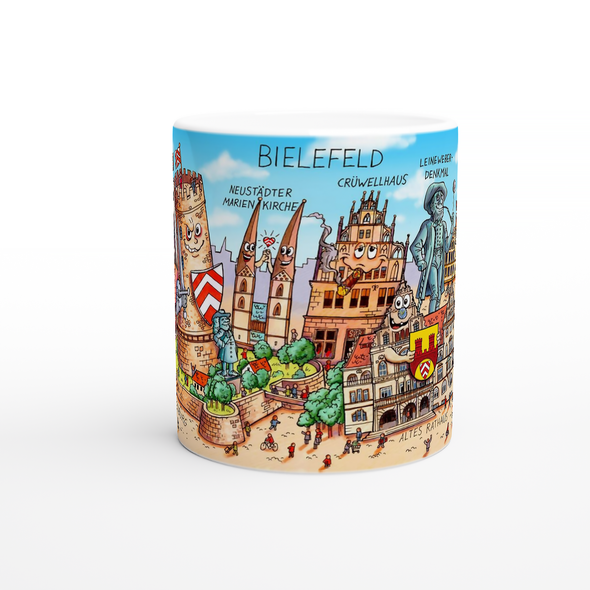 Satirisches Wimmelbild-Motiv von Jacques Tilly auf einer weißen Keramiktasse.