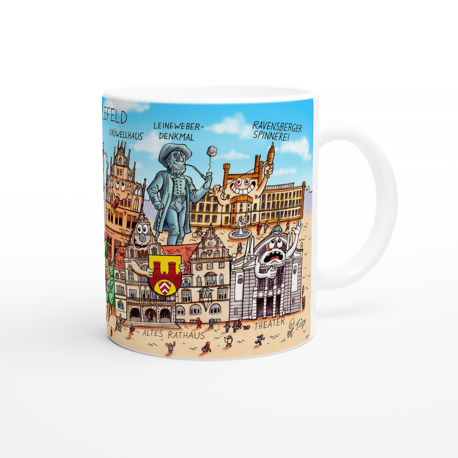 Rechte Seite der Tasse mit Motiv des Alten Rathauses und dem Bielefelder Stadttheater.