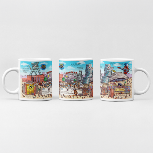 Bochum Tasse mit buntem Wimmelbild-Motiv von Jacques Tilly, Vorderseite.
