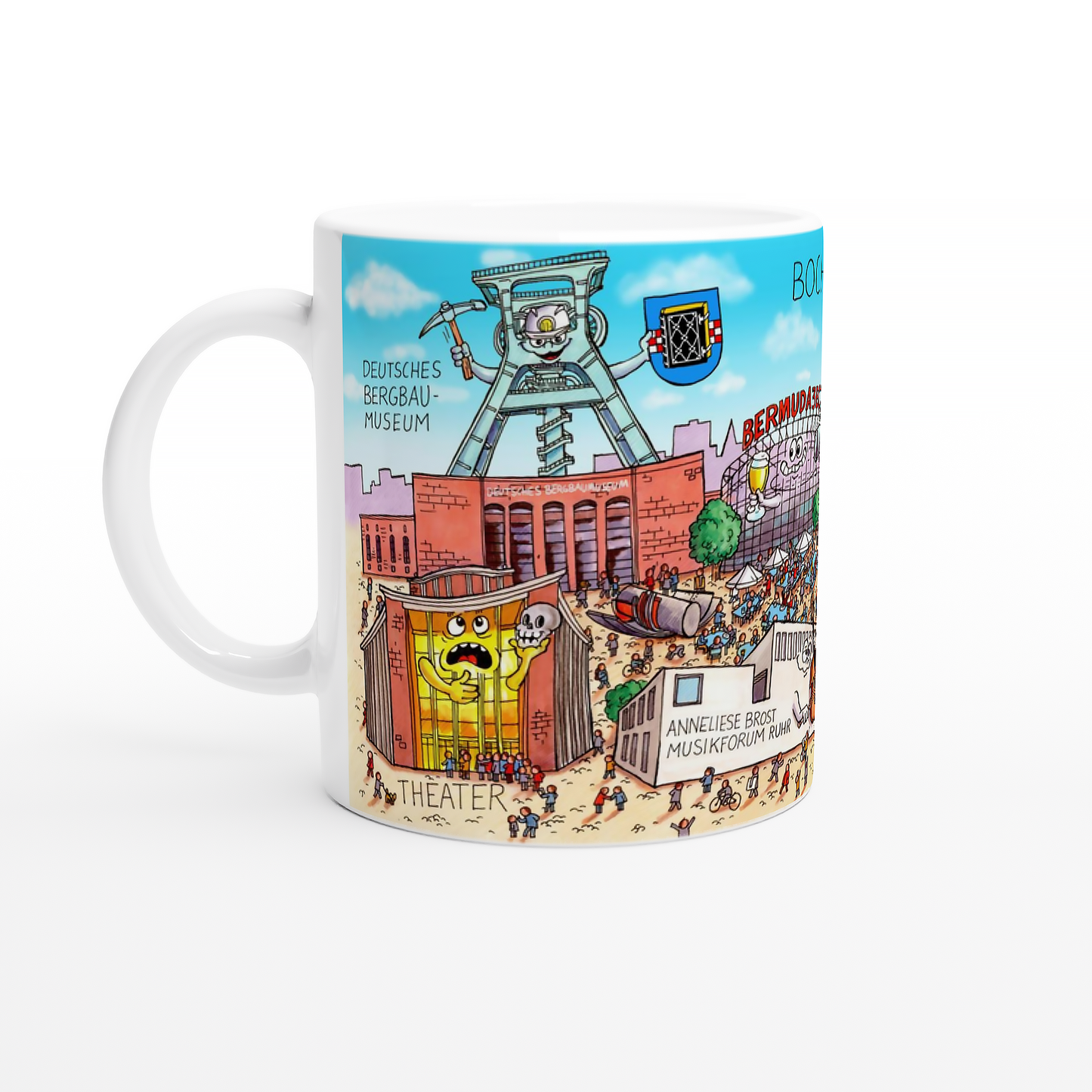 Detailansicht der Bochum Tasse mit Deutschem Bergbau-Museum und Bermuda3Eck.