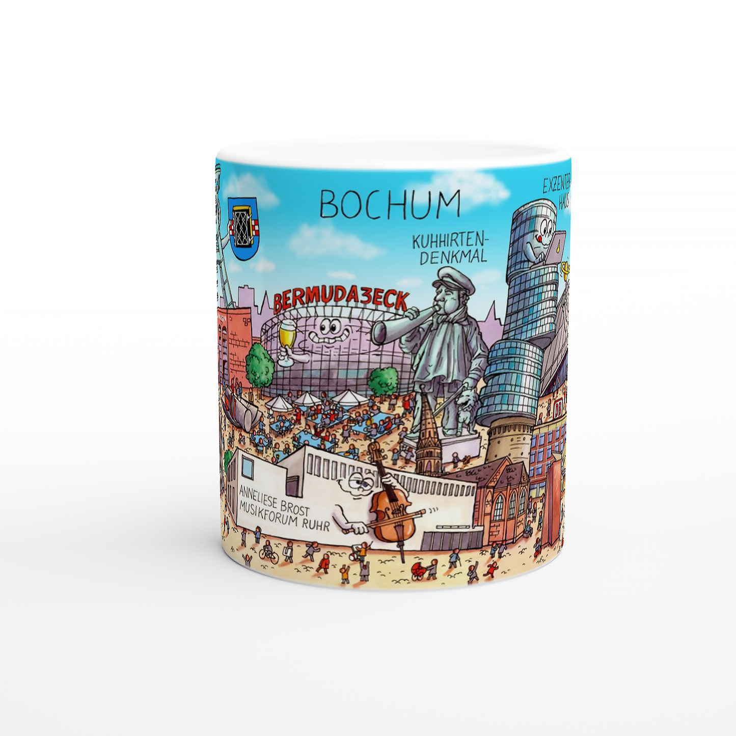 Kaffeebecher mit humorvoller Bochum-Illustration auf weißem Hintergrund.