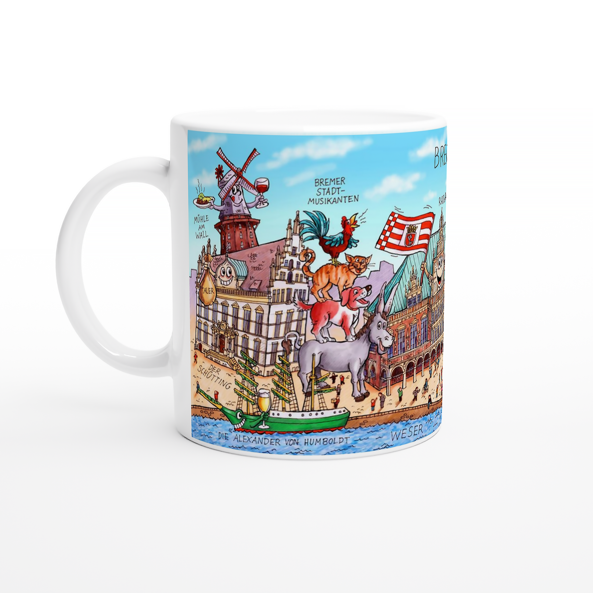 Bremen Tasse mit farbenfrohem Stadtmotiv von Jacques Tilly in der Gesamtansicht