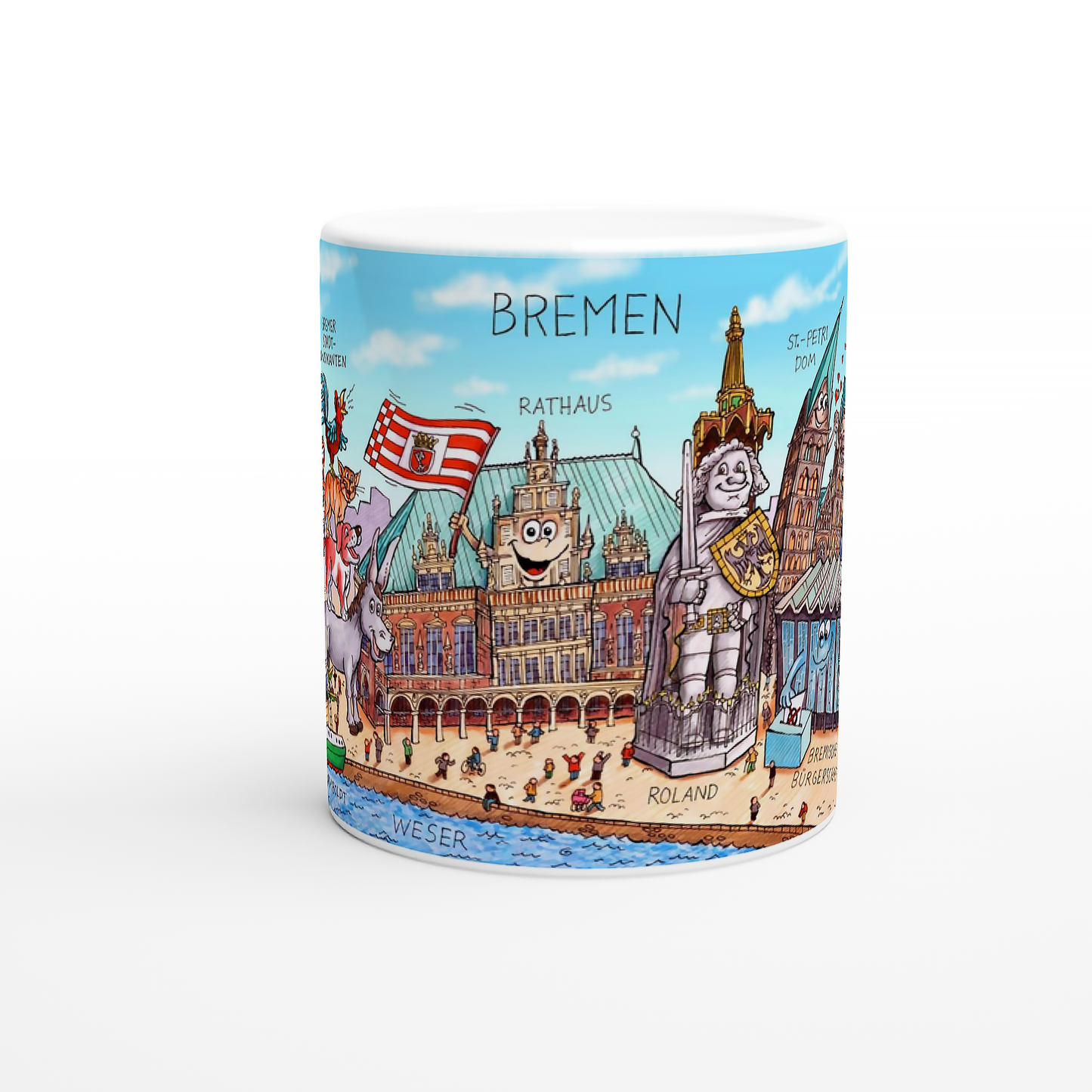 Detailansicht der Bremen Tasse mit den Bremer Stadtmusikanten und dem Rathaus