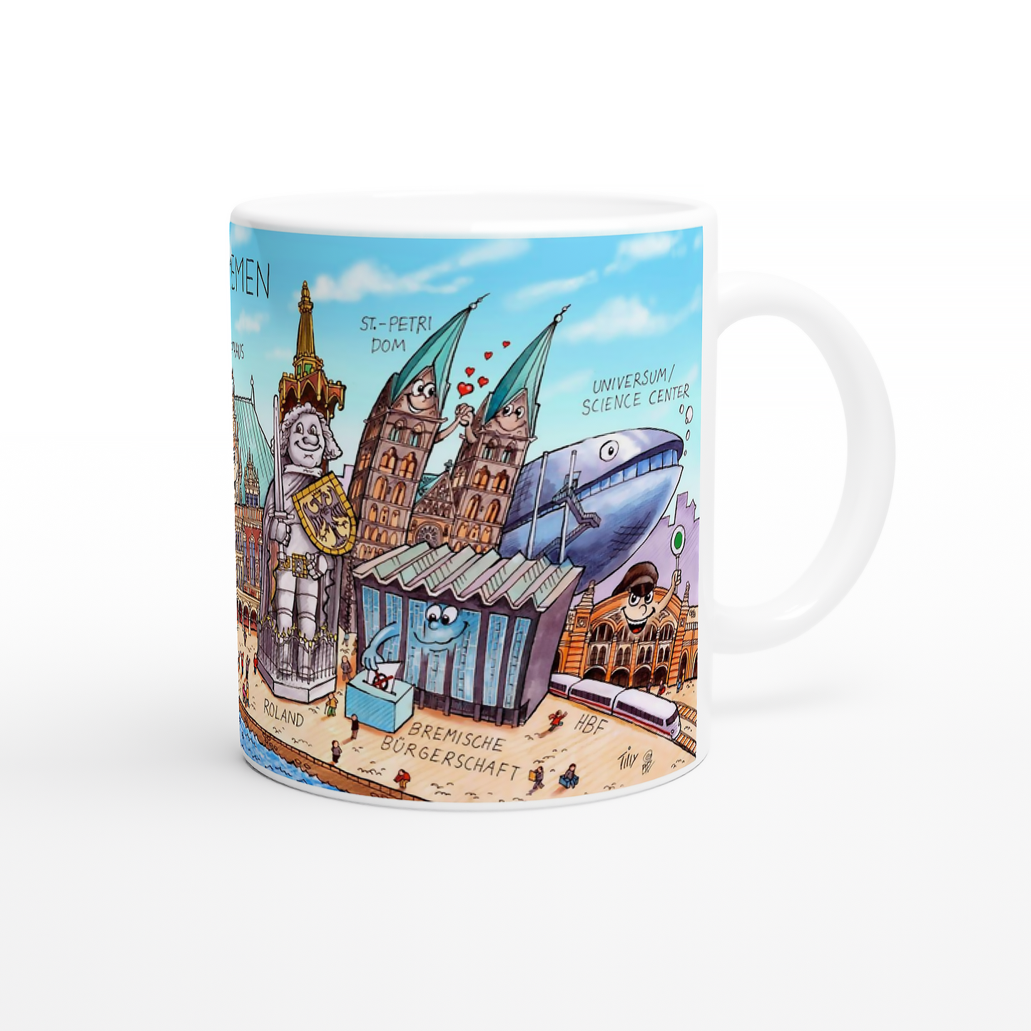 Rechte Seite der Keramiktasse mit dem Bremer Roland und dem St.-Petri-Dom Motiv