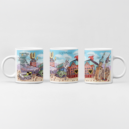Dortmund Tasse mit farbenfrohem Jacques Tilly Stadtmotiv und Dortmunder U.