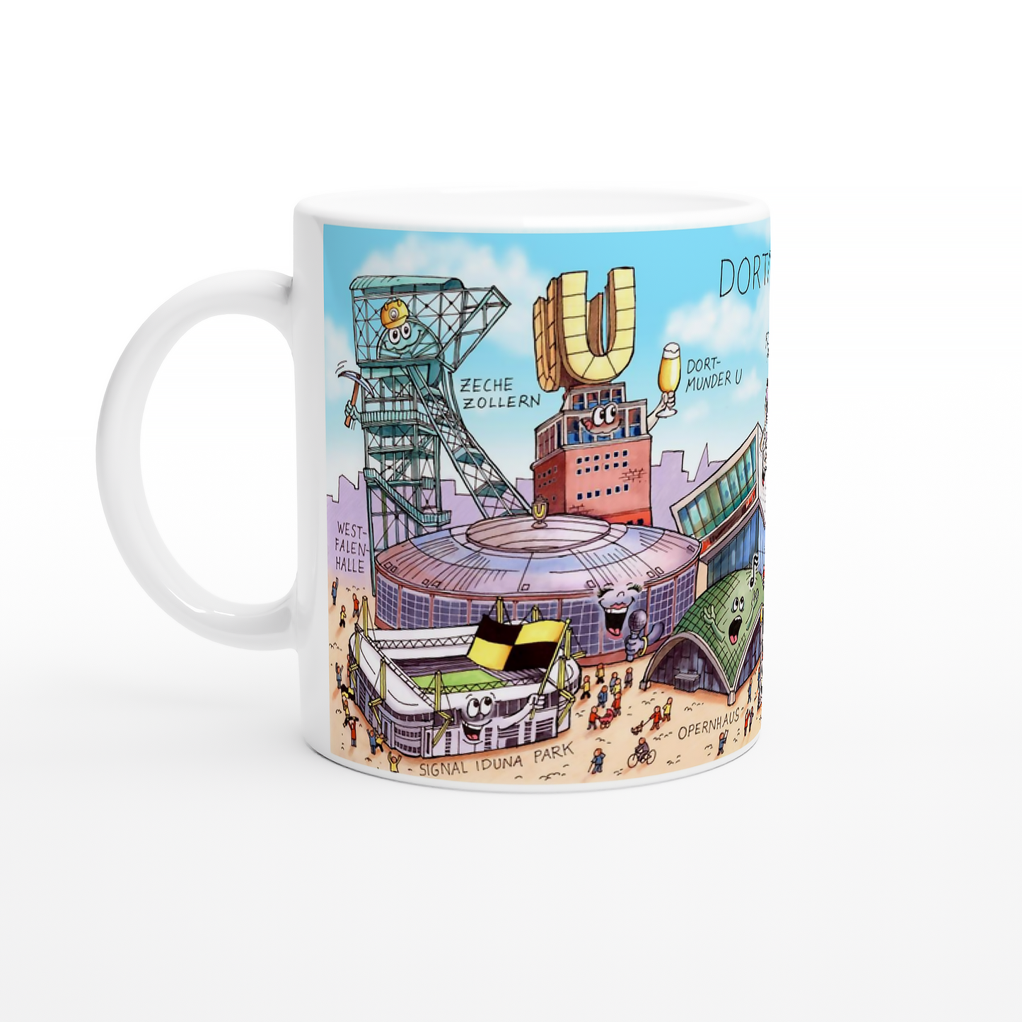 Weiße Keramiktasse mit Illustration des Signal Iduna Parks von Jacques Tilly.