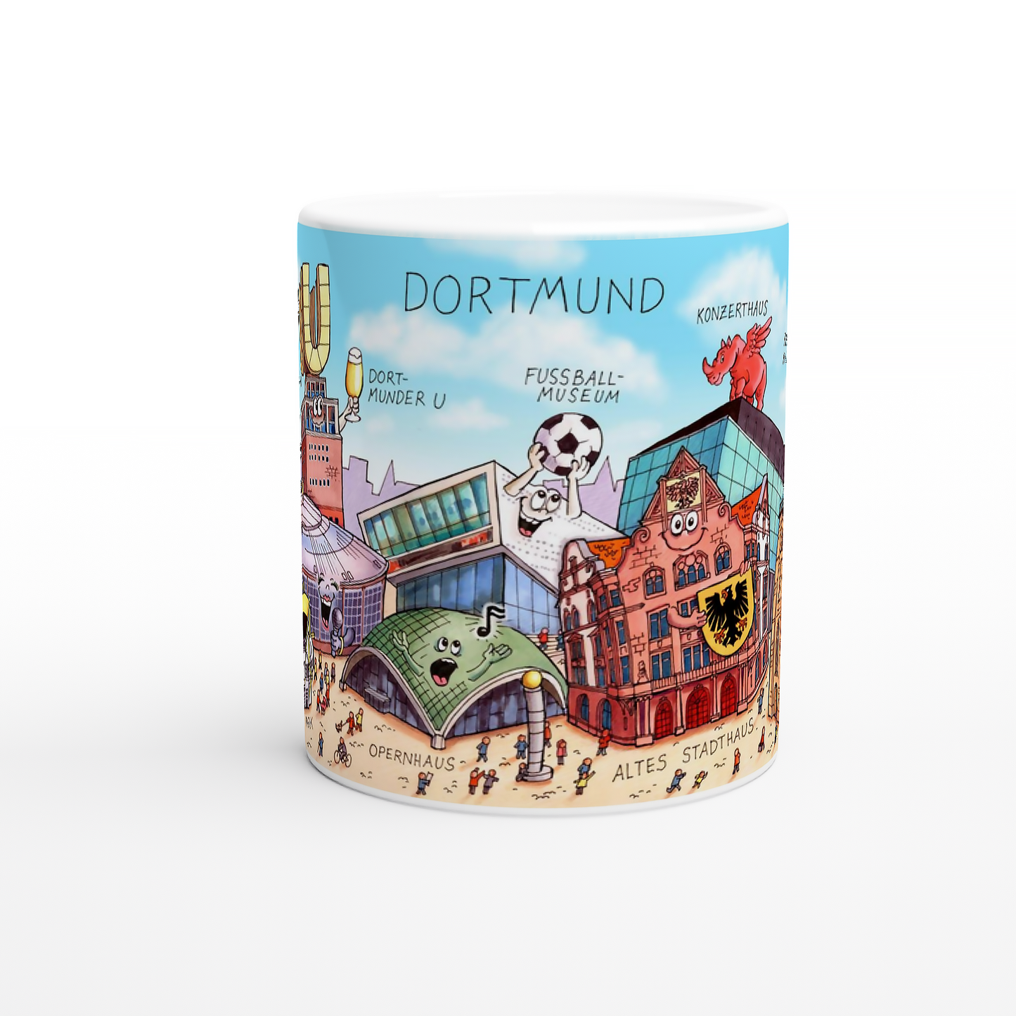 Nahaufnahme der Dortmund Tasse mit dem Motiv der Reinoldikirche und dem Florian Turm.