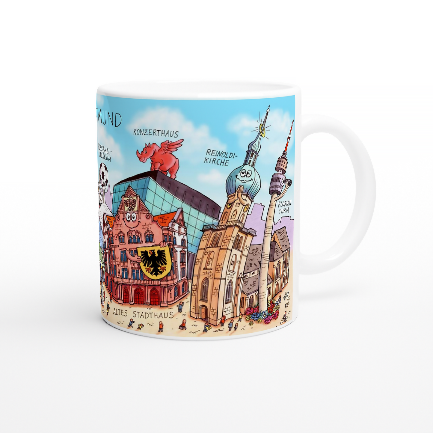 Geschenkidee für Dortmund-Fans: Kaffeetasse mit bunten Wahrzeichen der Stadt.