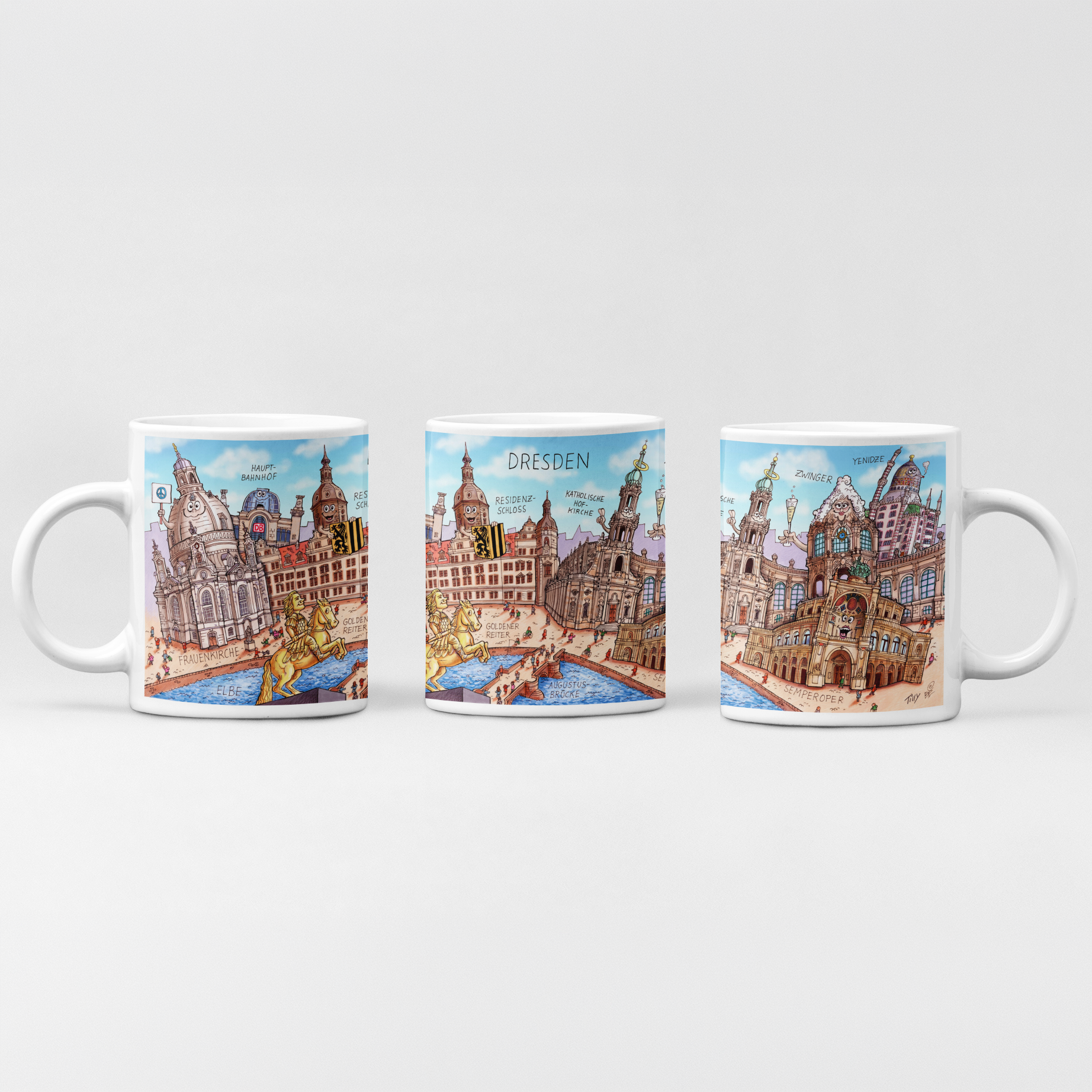 Weiße Dresden Tasse mit satirischem Stadtmotiv von Jacques Tilly
