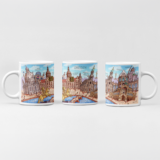 Weiße Dresden Tasse mit satirischem Stadtmotiv von Jacques Tilly
