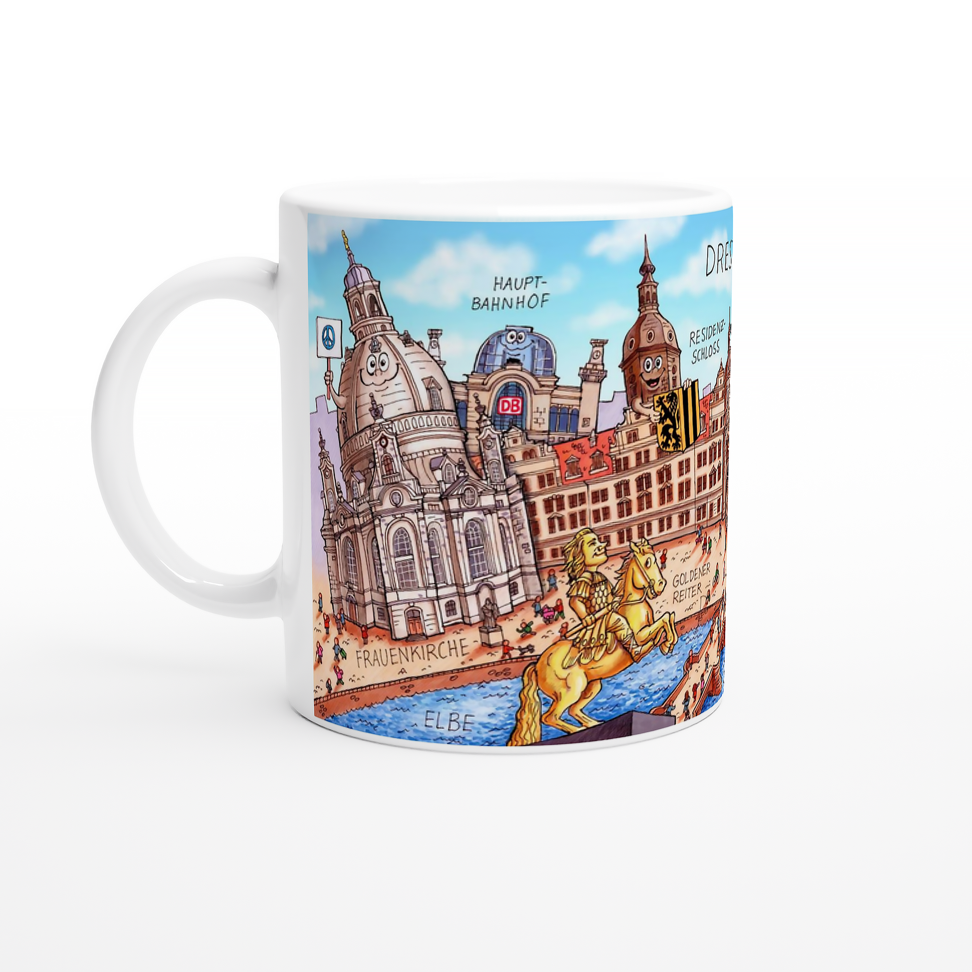 Dresden Tasse Detailansicht mit lachender Frauenkirche und Hauptbahnhof