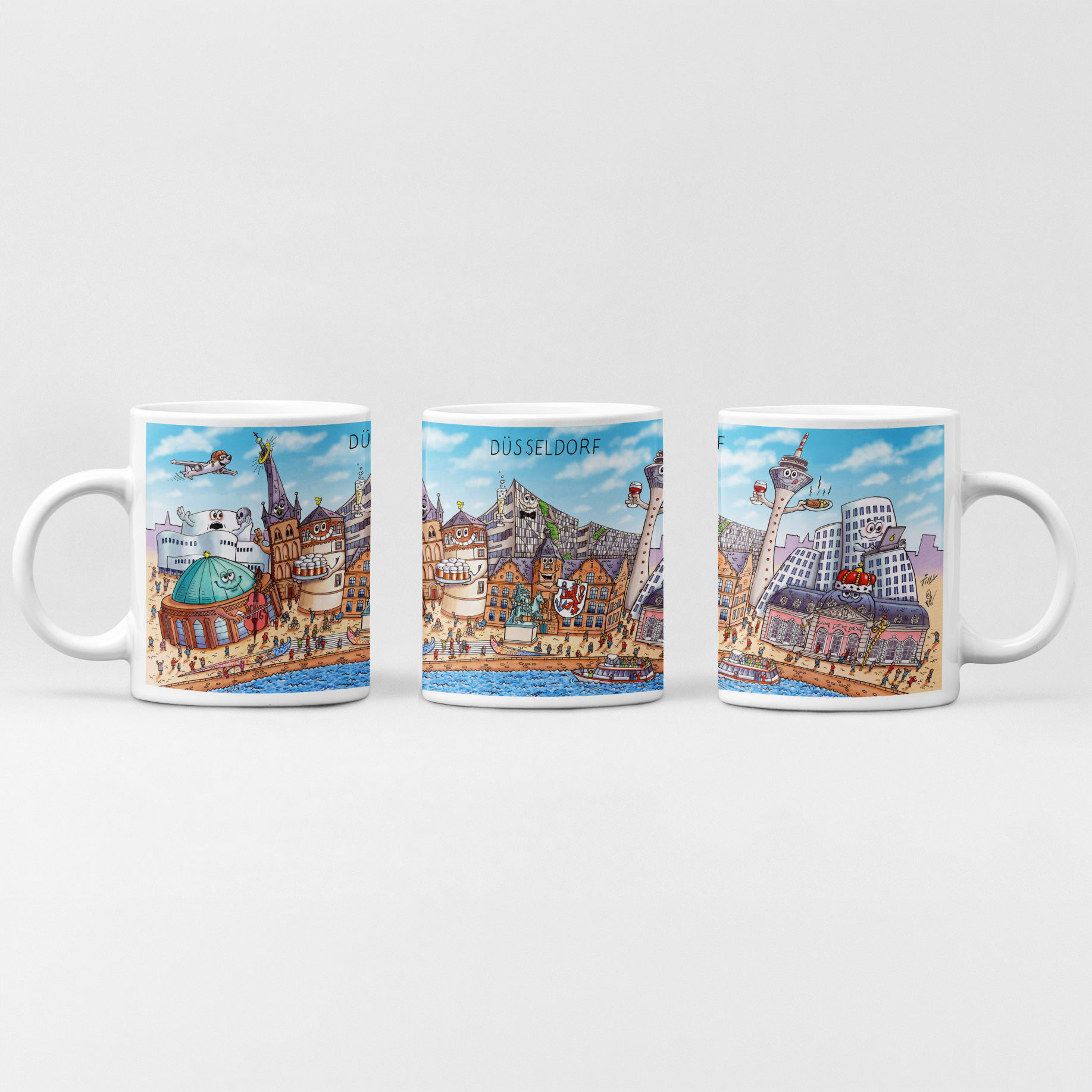 Bunte Düsseldorf Tasse mit humorvollem Stadtmotiv von Jacques Tilly