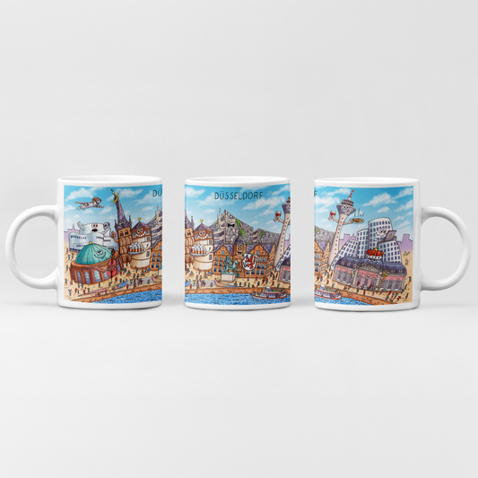Bunte Düsseldorf Tasse mit humorvollem Stadtmotiv von Jacques Tilly