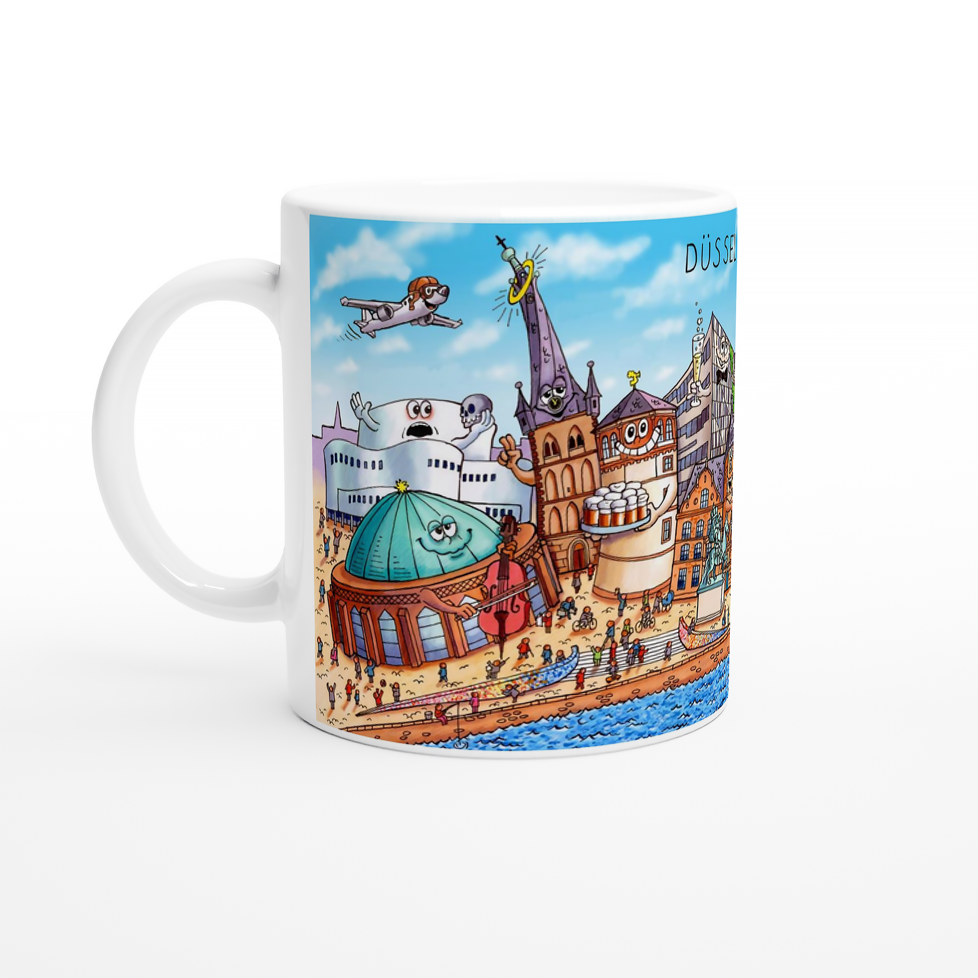 Keramiktasse Düsseldorf Vorderseite mit Rheinturm und Tonhalle