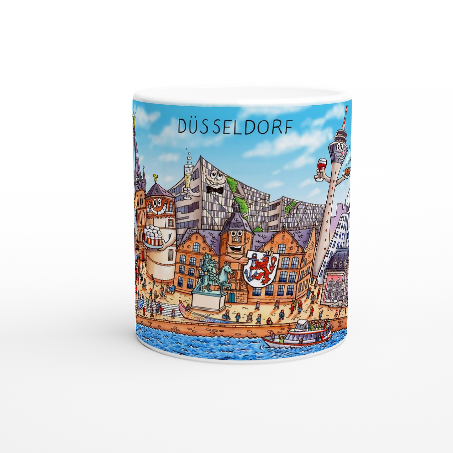 Jacques Tilly Kaffeebecher Düsseldorf mit Gehry Bauten und Altbier