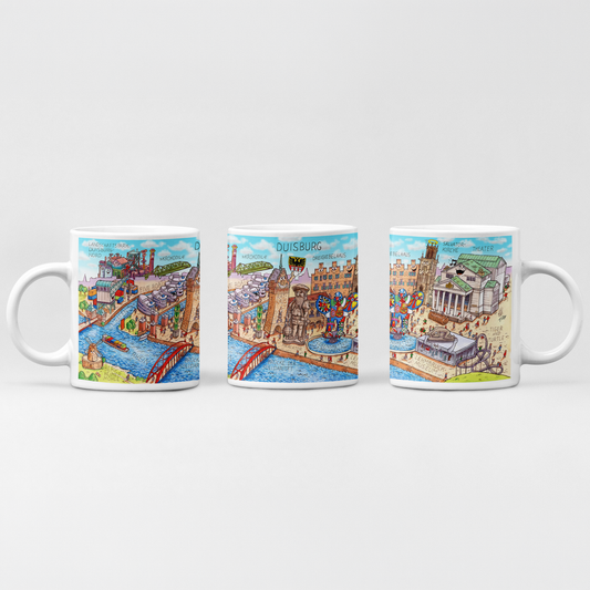 Bunte Duisburg Tasse von Jacques Tilly mit Landschaftspark und Rhein.