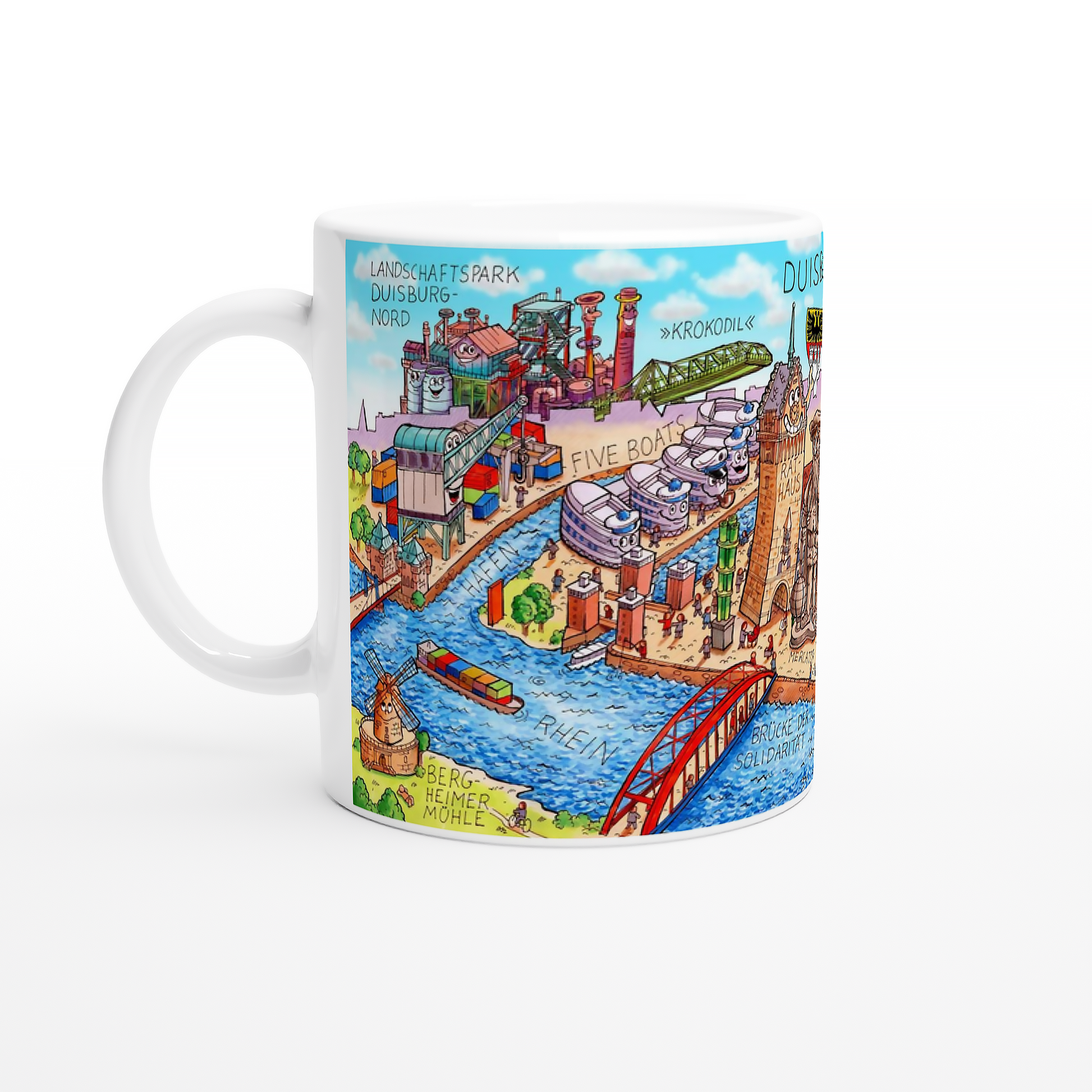Kaffeetasse Duisburg mit Wahrzeichen wie Rathaus und Mercator-Statue.