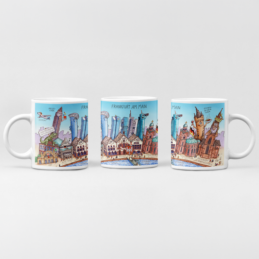 Weiße Frankfurt Tasse mit buntem Skyline Motiv von Jacques Tilly.