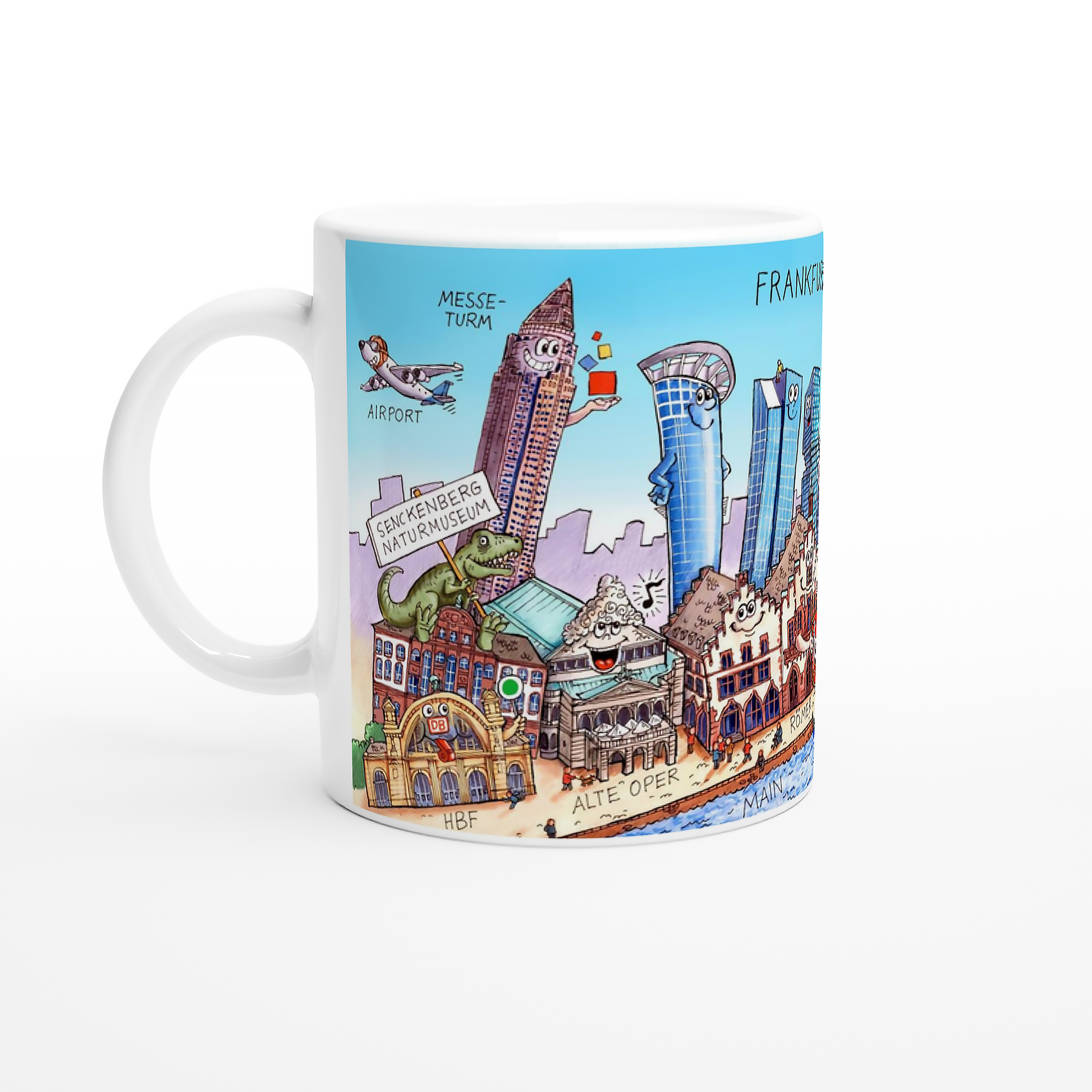 Detailansicht der Frankfurt Tasse mit jonglierendem Messeturm und Dino.