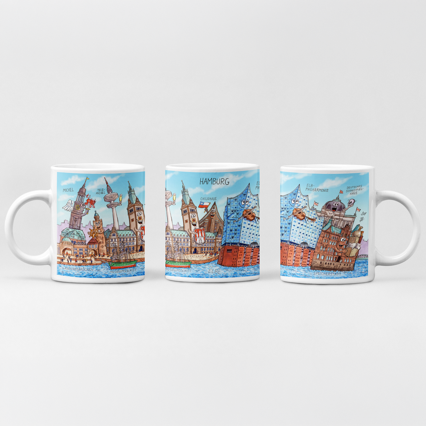 Hamburg Tasse von Jacques Tilly Frontansicht mit Rathaus und Chilehaus.