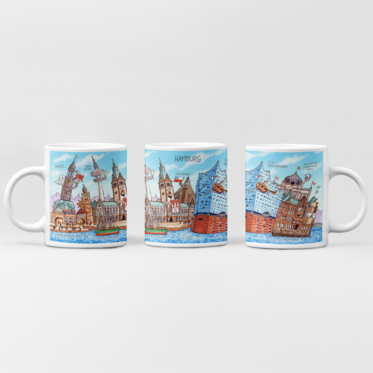 Hamburg Tasse von Jacques Tilly Frontansicht mit Rathaus und Chilehaus.