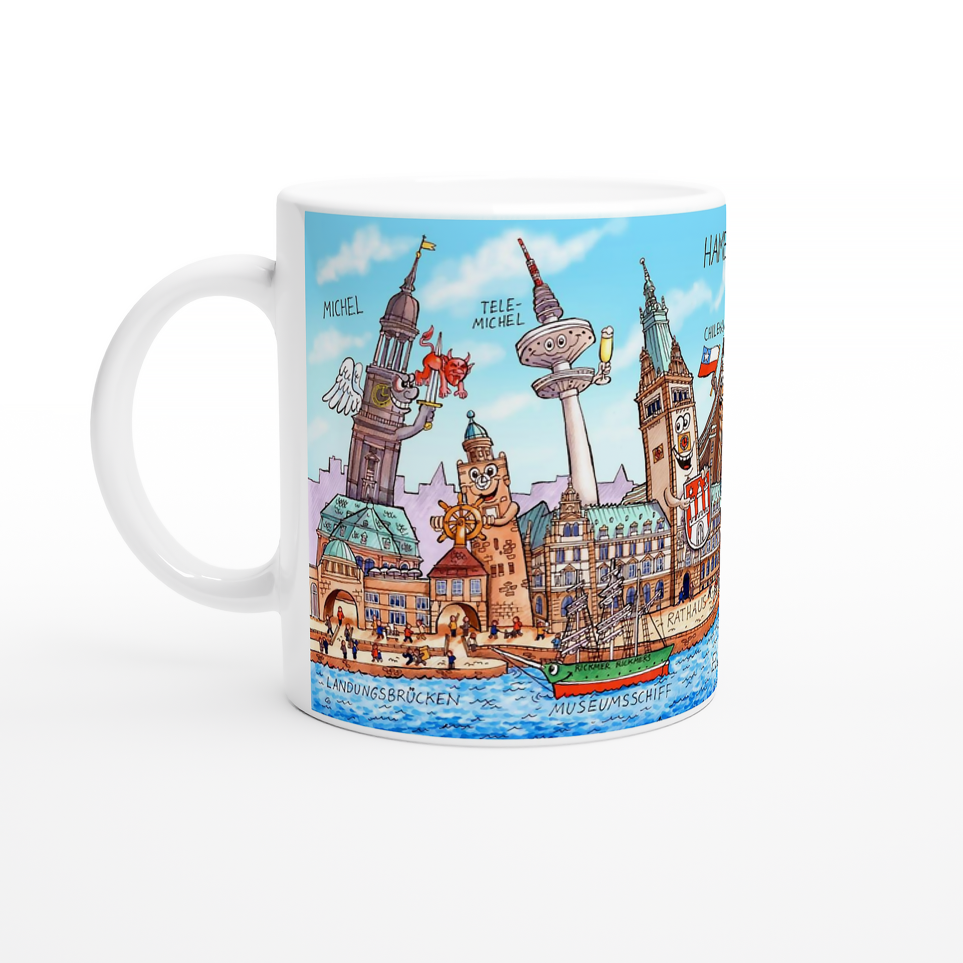 Kaffeebecher Hamburg Motiv mit lachender Elbphilharmonie und Geige.