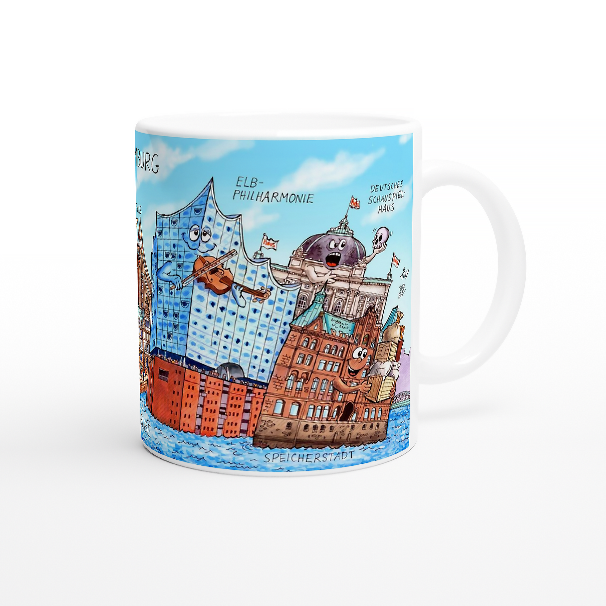 Rechte Seite der Tasse mit Deutschem Schauspielhaus und Speicherstadt.