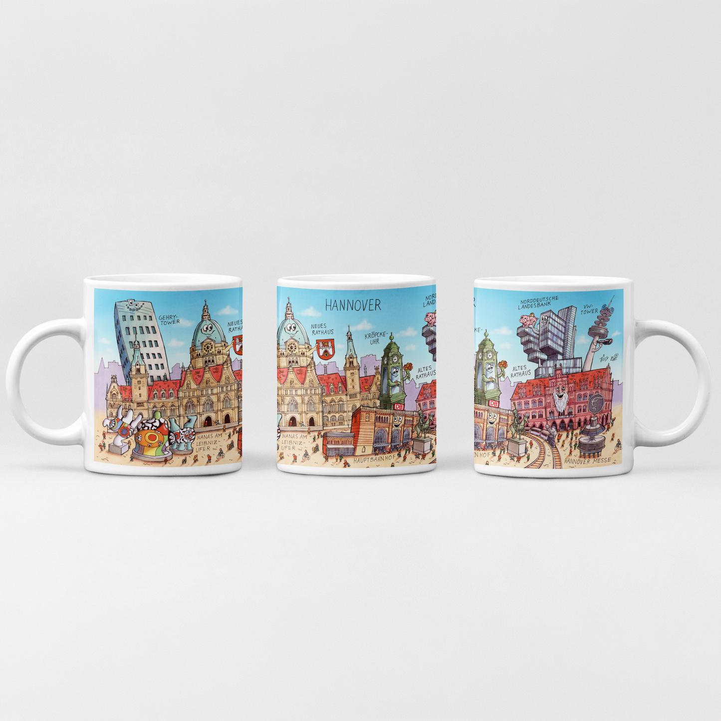 Bunte Hannover Tasse von Jacques Tilly mit Neuem Rathaus und Nanas
