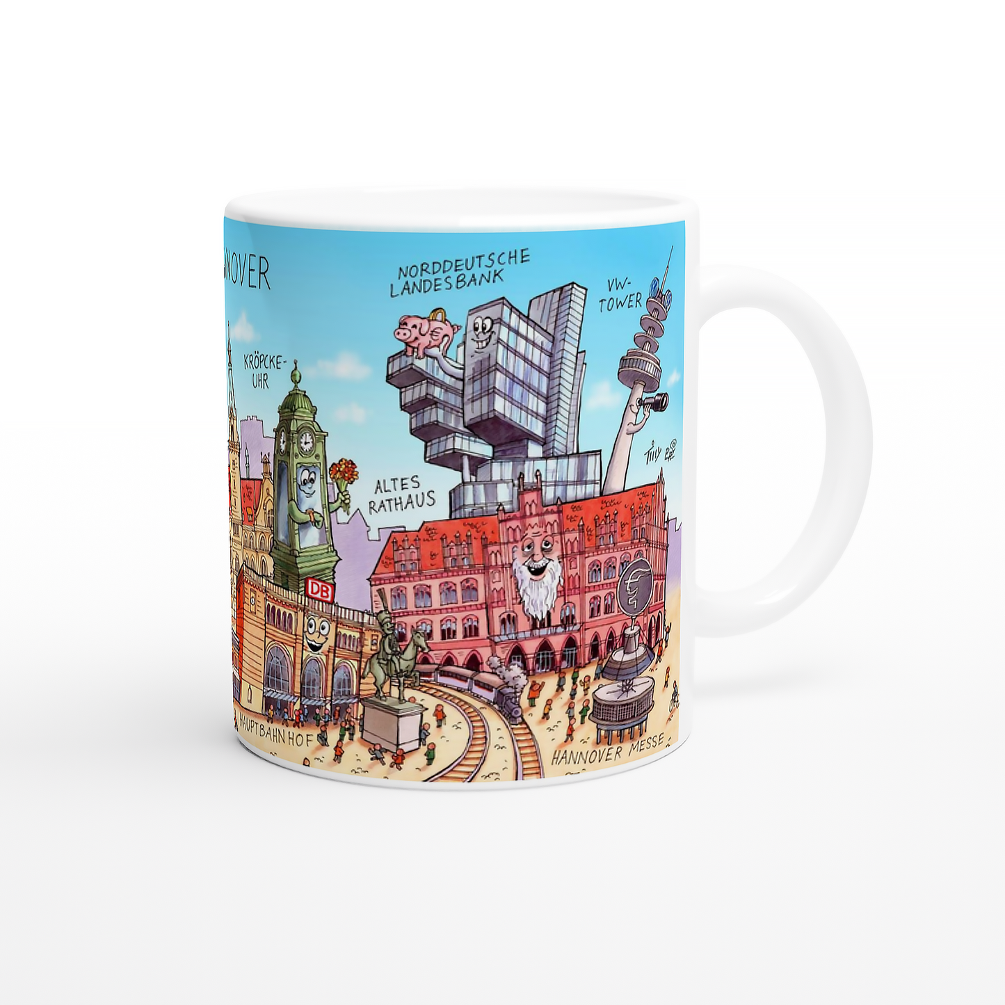 Rückseite der Jacques Tilly Tasse mit VW-Tower und Hannover Messe