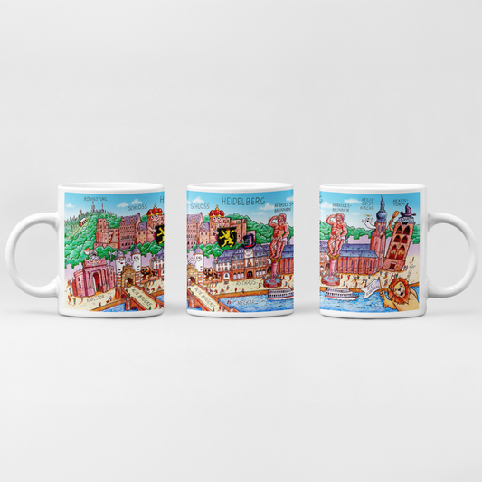 Weiße Heidelberg Tasse mit humorvollem Jacques Tilly Stadtbild