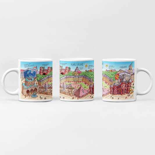 Karlsruhe Tasse mit humorvollem Stadtmotiv von Jacques Tilly