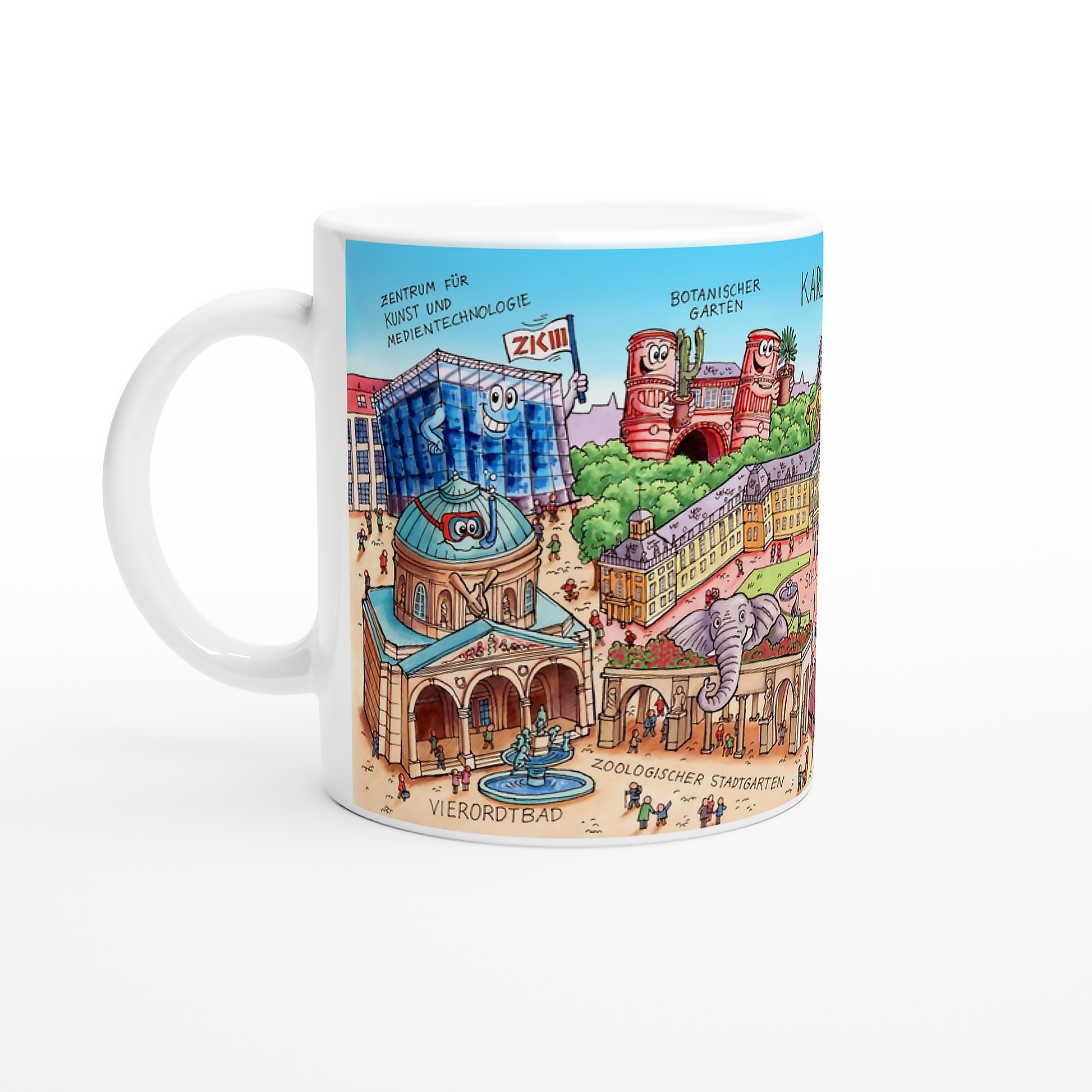Weiße Keramiktasse mit Wimmelbild des Karlsruher Schlosses
