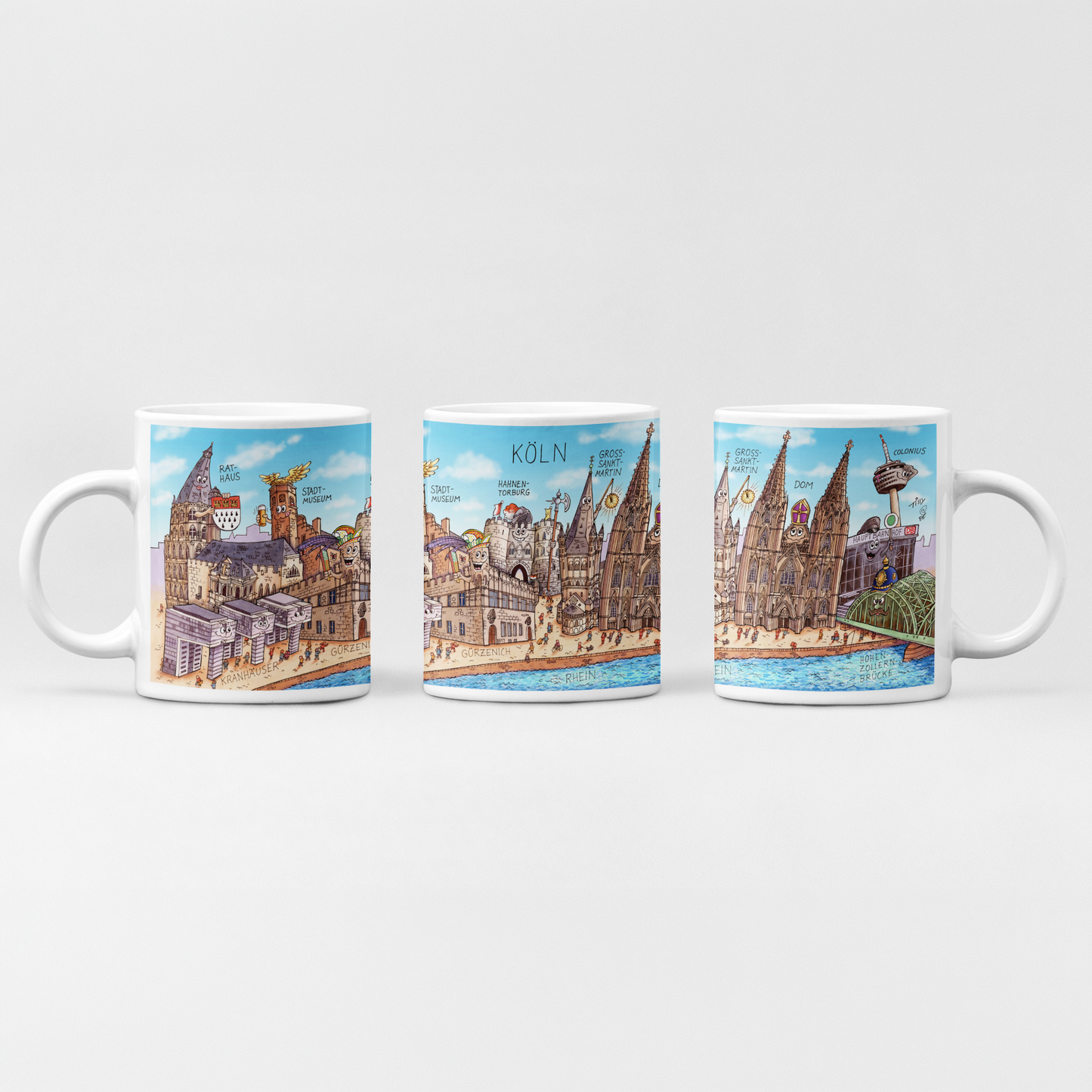 Keramiktasse mit buntem Köln Motiv von Jacques Tilly inklusive Henkel Ansicht links