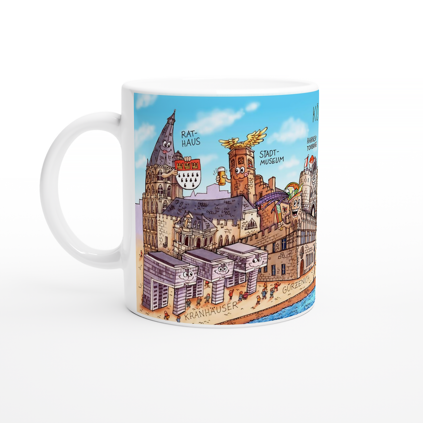 Köln Tasse Jacques Tilly mit Illustration von Rathaus und Kranhäusern am Rhein