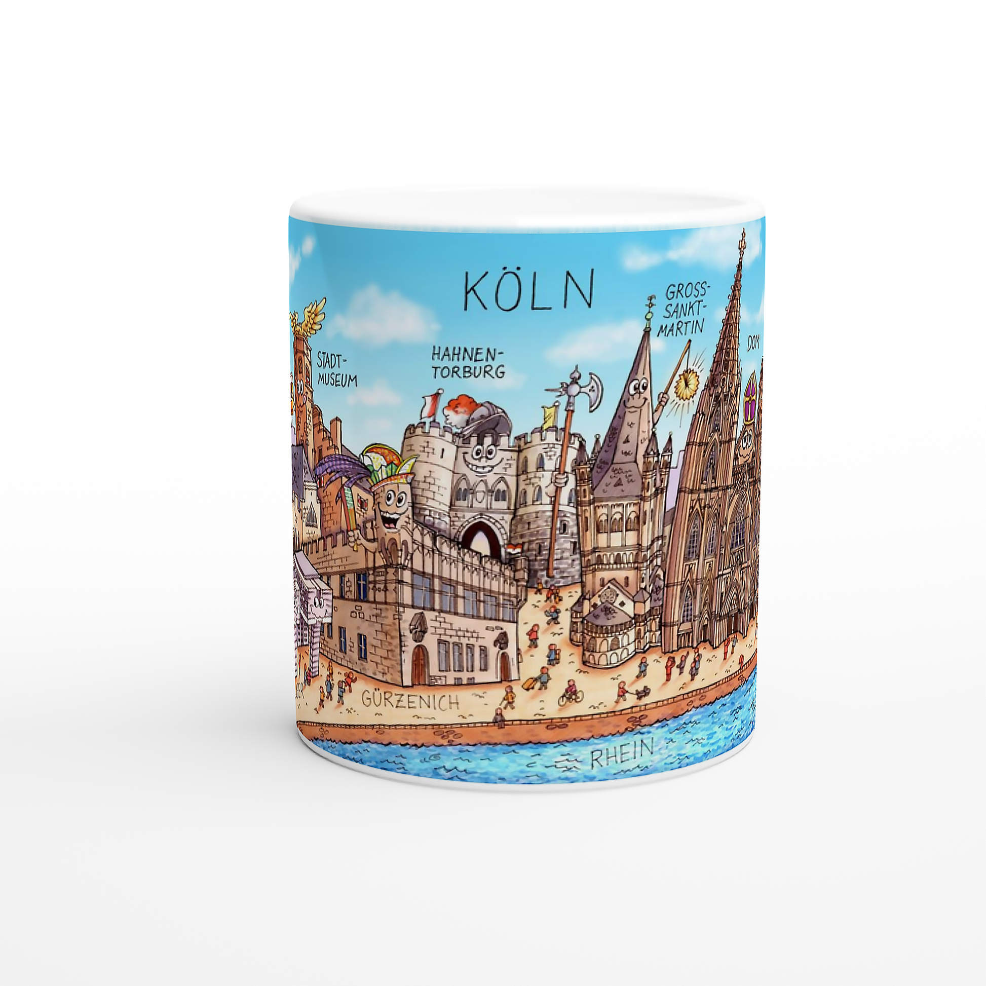 Vorderansicht der bunten Köln Tasse von Jacques Tilly mit dem Schriftzug Köln und Hahnen Torburg