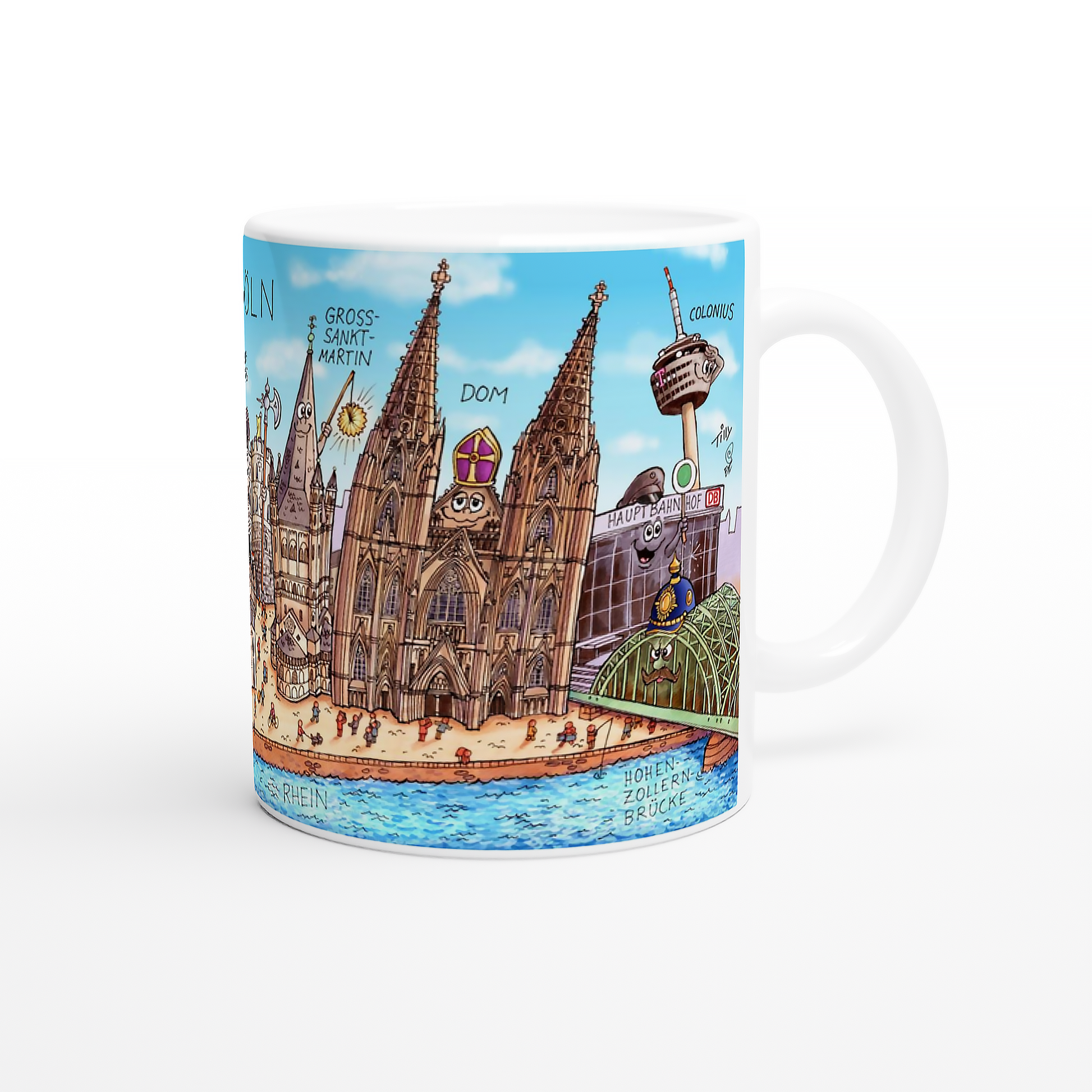Geschenk Köln Liebhaber bunte Keramiktasse mit Wimmelbild der Kölner Sehenswürdigkeiten