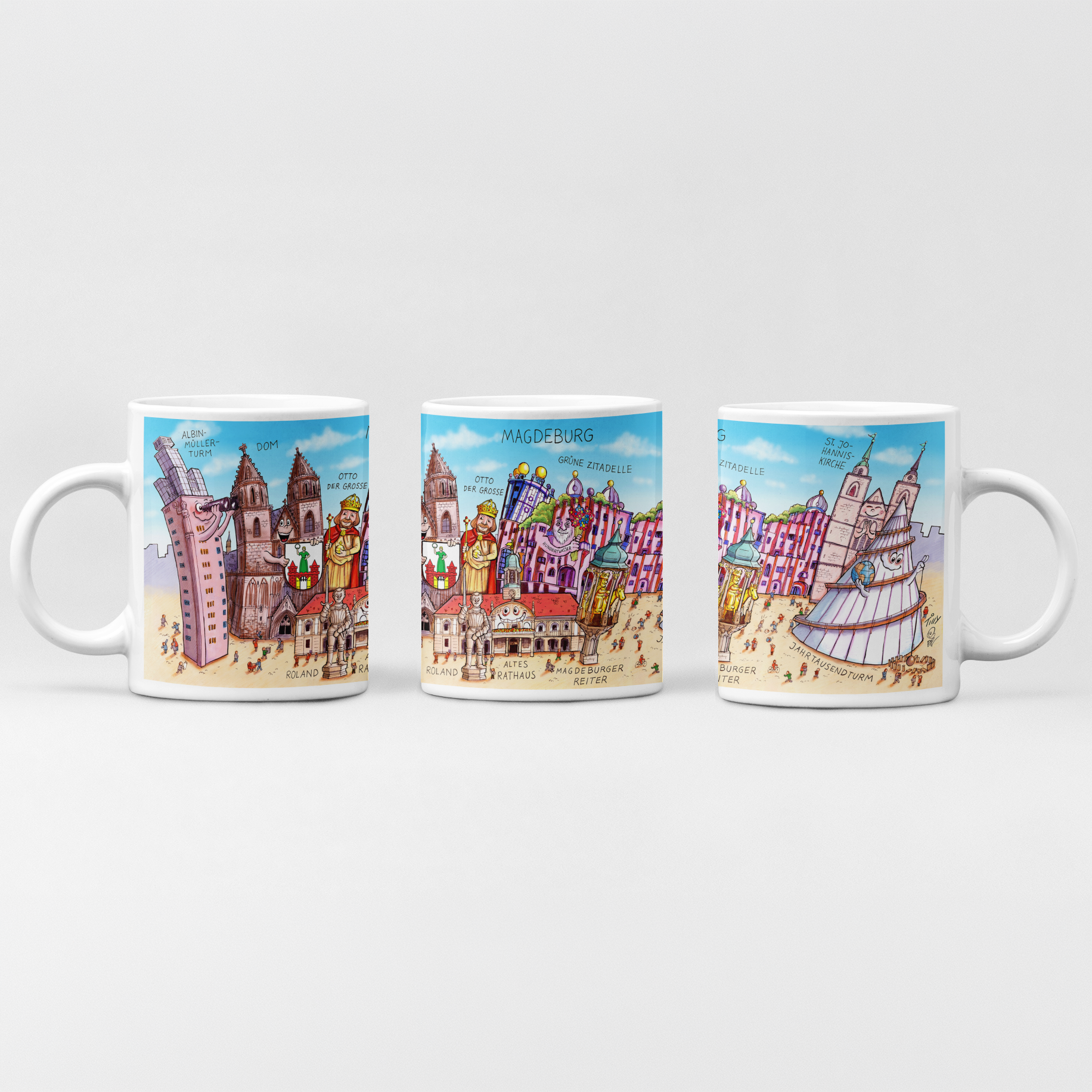 Magdeburg Tasse mit buntem Stadtmotiv von Künstler Jacques Tilly