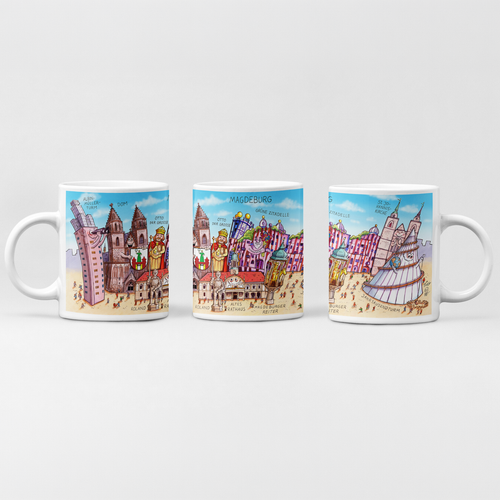 Magdeburg Tasse mit buntem Stadtmotiv von Künstler Jacques Tilly