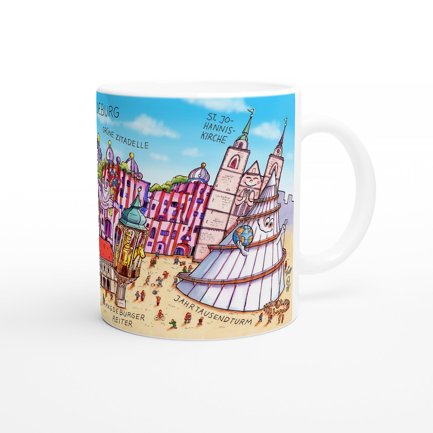 Weiße Keramiktasse mit Magdeburger Sehenswürdigkeiten als Geschenkidee
