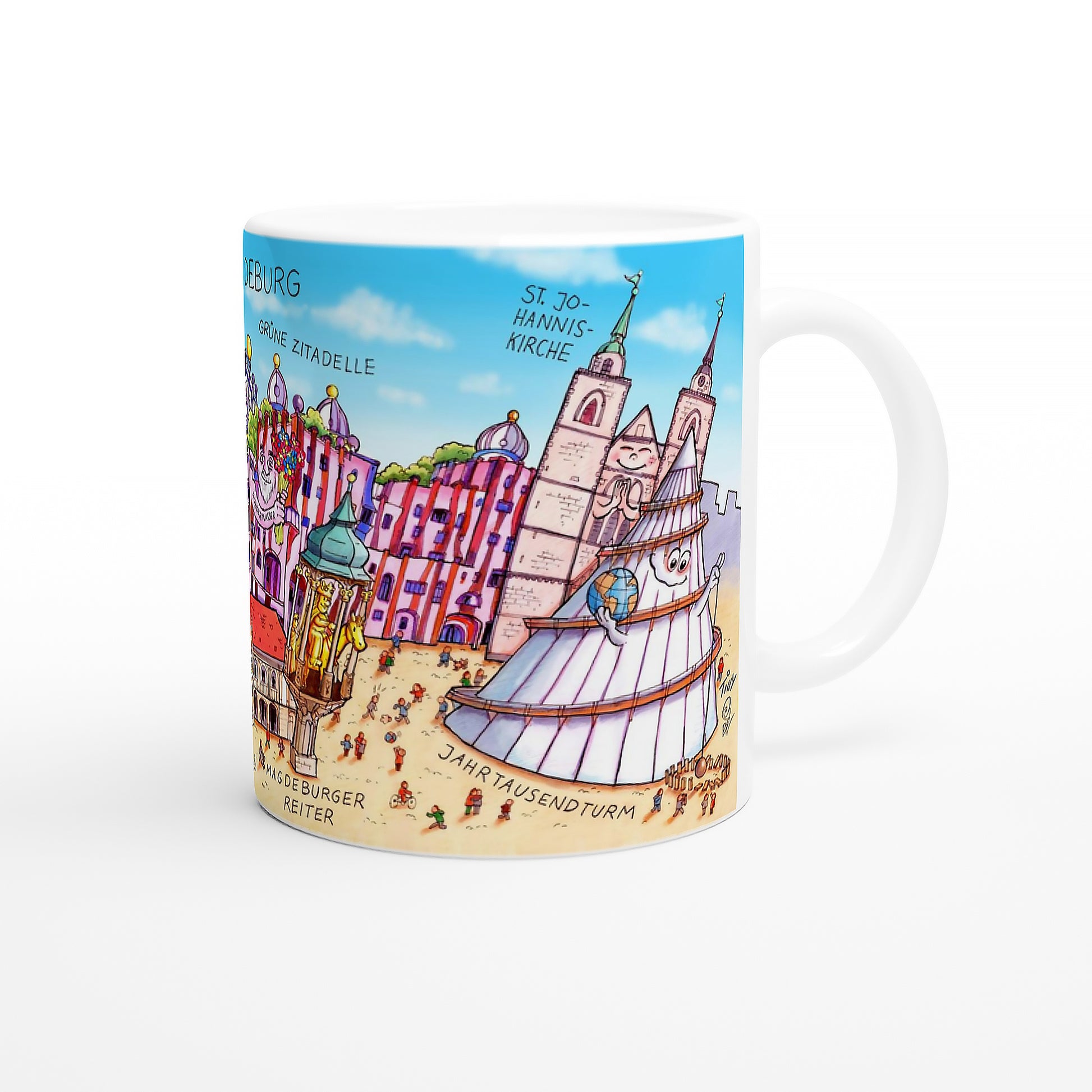 Weiße Keramiktasse mit Magdeburger Sehenswürdigkeiten als Geschenkidee